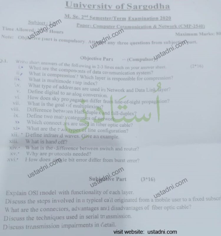 2.1. University of Sargodha M. Sc. 2»l Semester/Term Examination 2020 Paper: Computer Cornmunication & Network (CMP-2540)