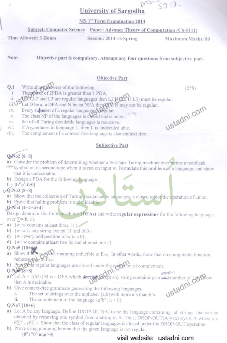 5317- University of Sargodha MS 1" Term Examination 2014 Subject: Computer Science Paper: Advance Theory of Computation (CS-5111)