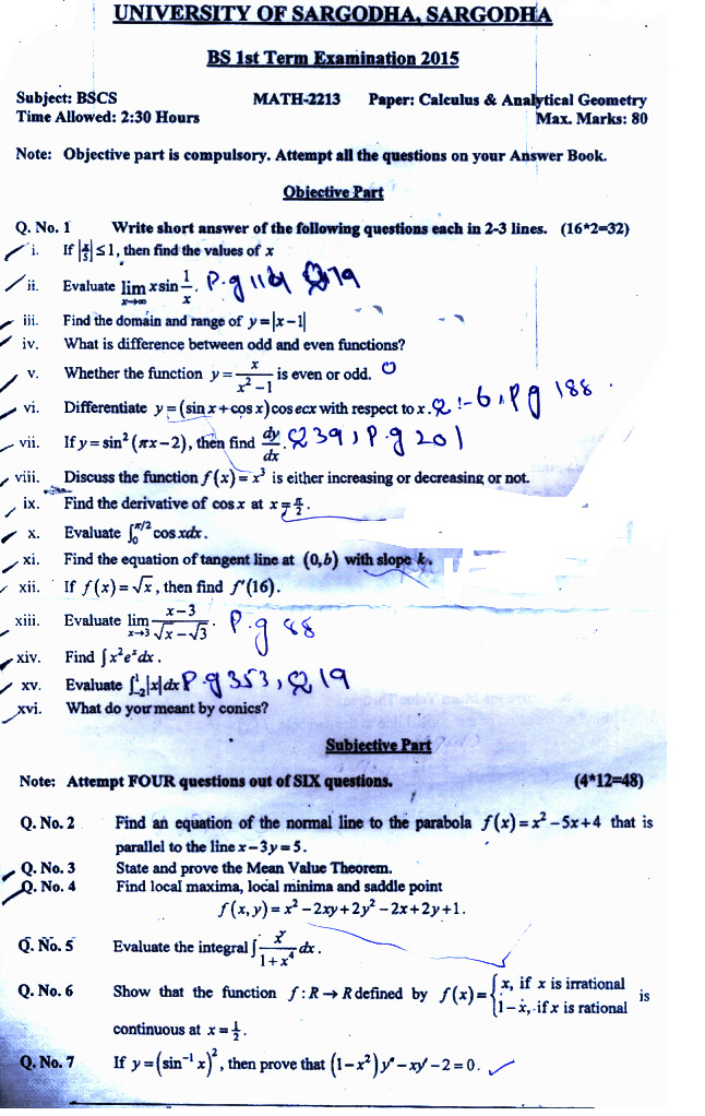 UNIVERSITY OF SARGODHA, SARGODHA BS 1st Term Examination 2015 Subject: BSCS Time Allowed: 2:30 Hours — page 3