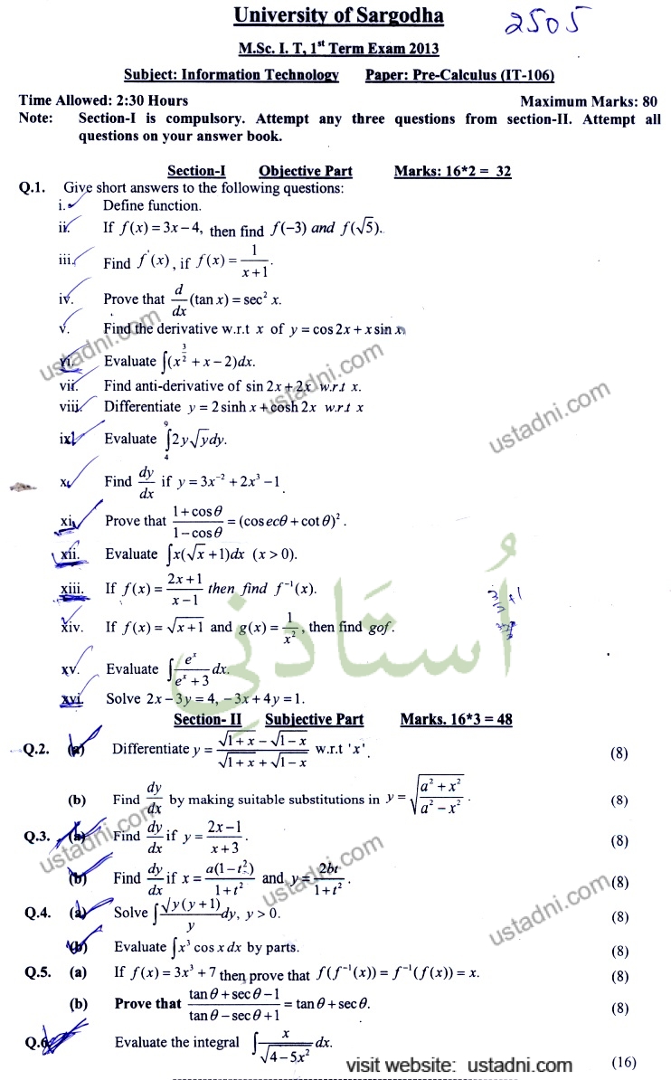 Pre Calculus MSC IT 2013 UOS