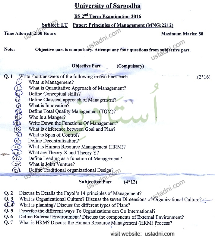 Principal of Management BS IT 2016 UOS
