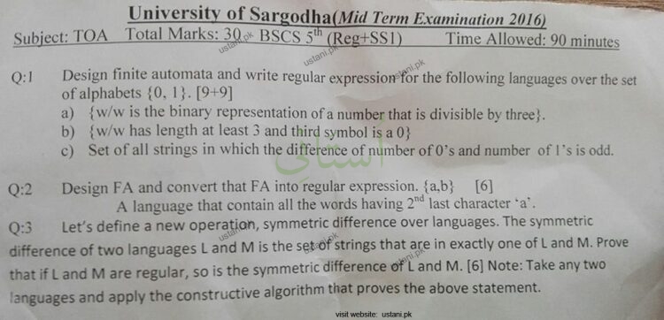 Theory of Automata and Formal Languages BSCS 2016 UOS