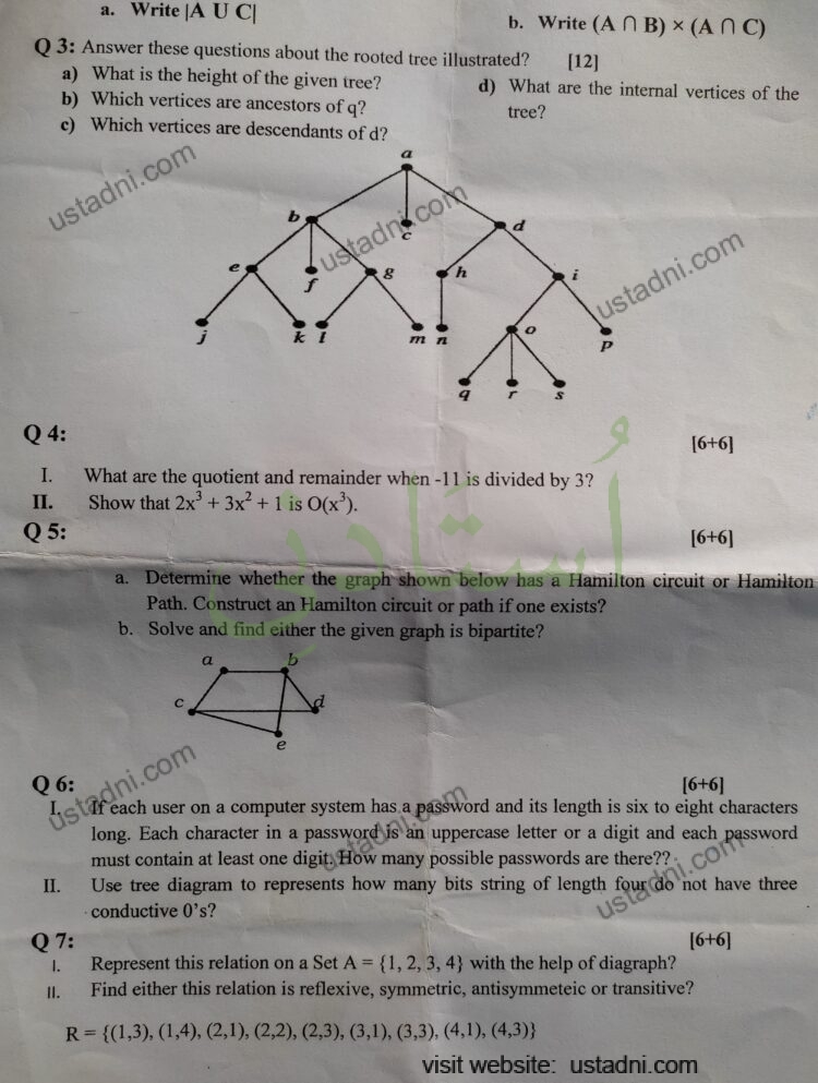 a. Write |A U C| b. Write (A N B) × (A N C) Q 3: Answer these questions about the rooted tree illustrated? a) What is the height of the given tree? (12] b) Which vertices are ancestors of q?