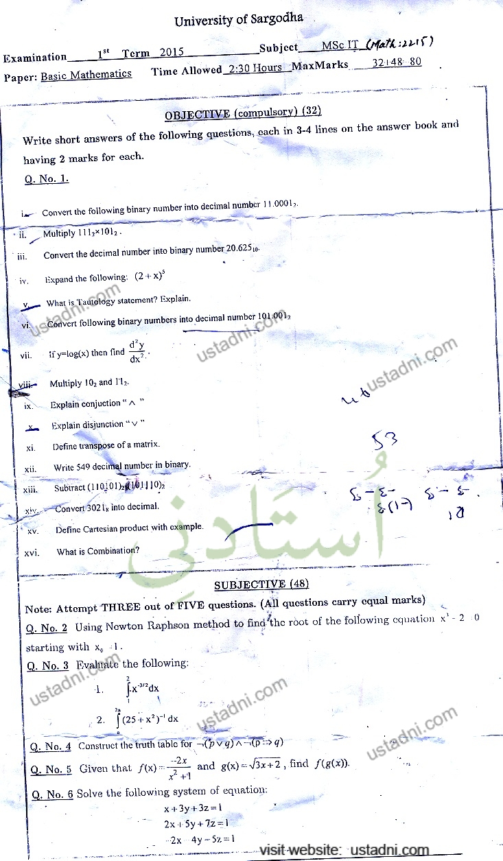 Basic Mathematics MSC IT 2015 UOS