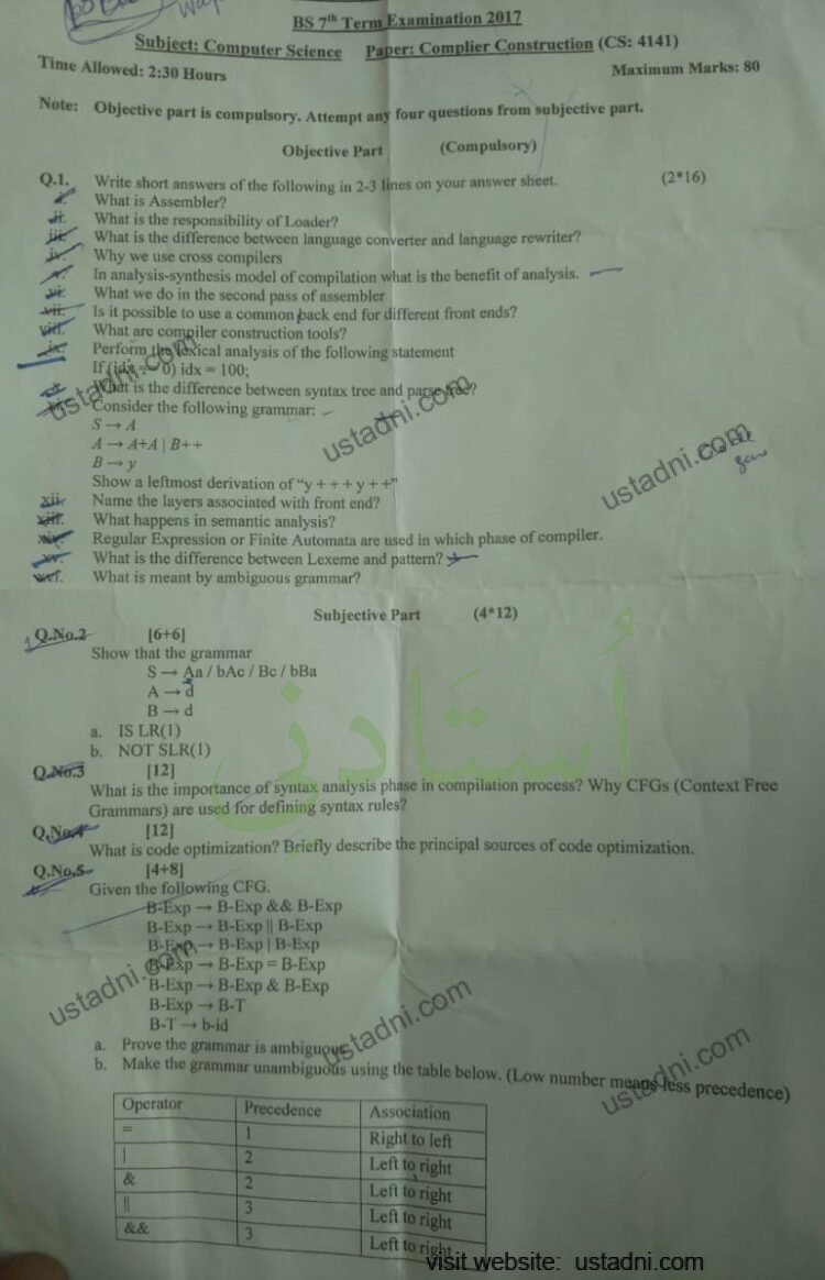 BS 7" Term Examination 2017 Subject: Computer Science Paper: Complier Construction (CS: 4141) Time Allowed: 2:30 Hours Maximum Marks: 80 Note: Objective part is compulsory. Attempt any four questions from subjective part.