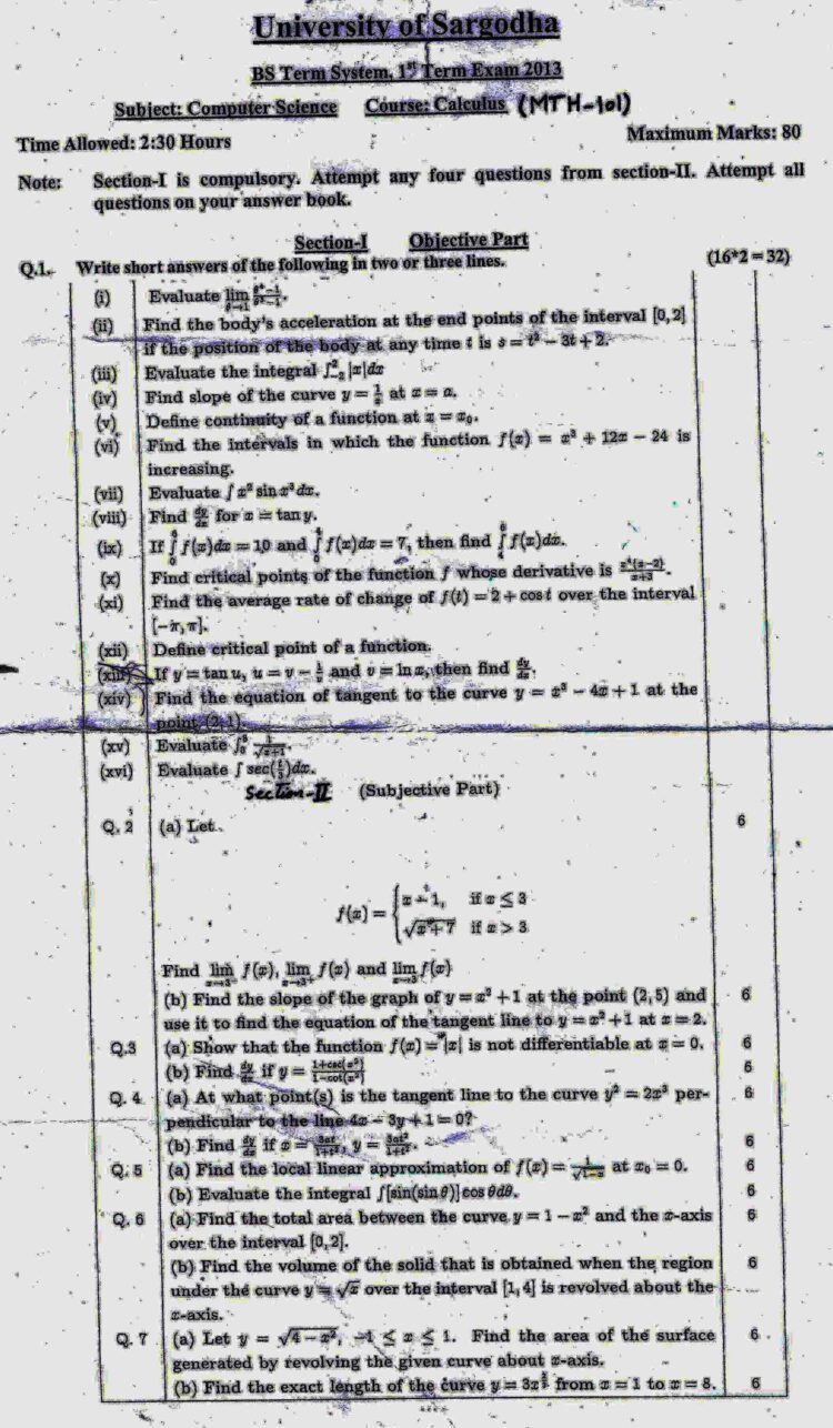 University of Sargodha 546 BS 1" Term Examination 2016 Subject: Computer Science Paper: Calculus & Analytical Geometry (Math-2213) — page 2