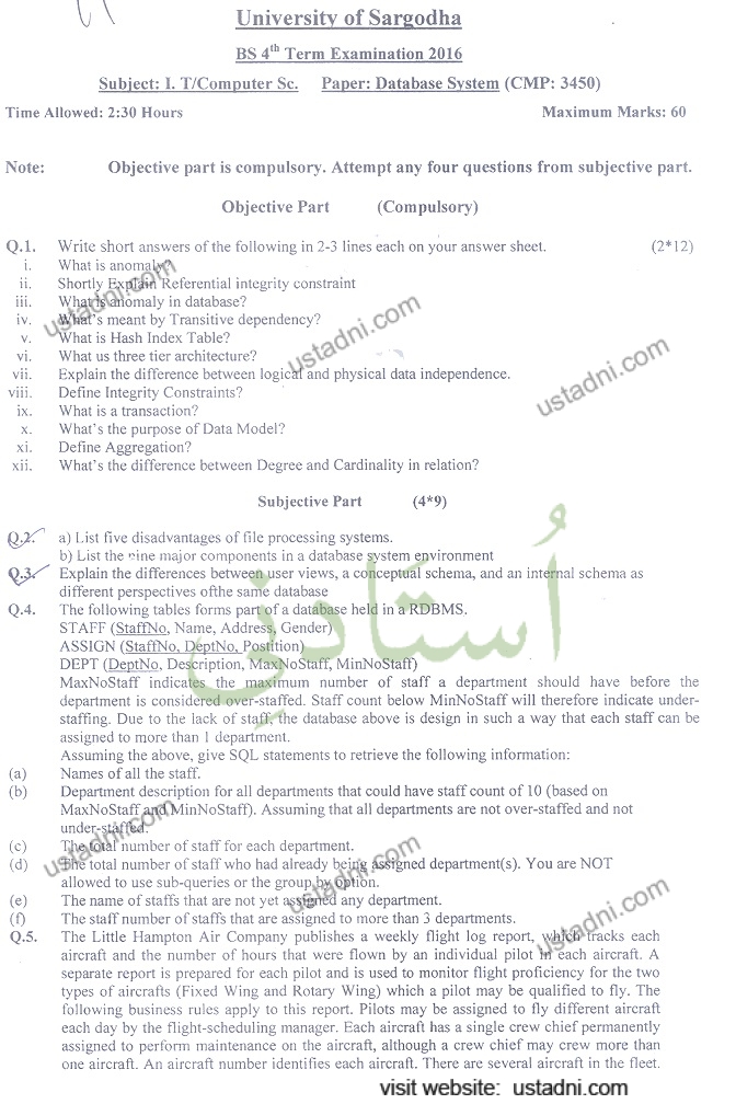 Database System BSCS/BSIT/BSSE 2016 Part#1 UOS