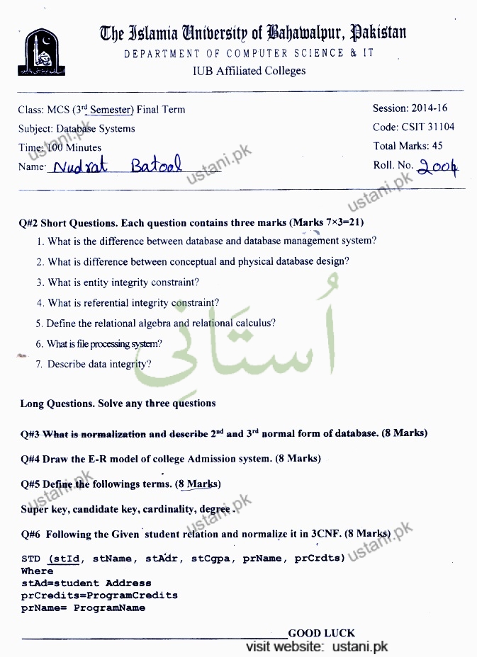 Database System MSCS 2015 IUB