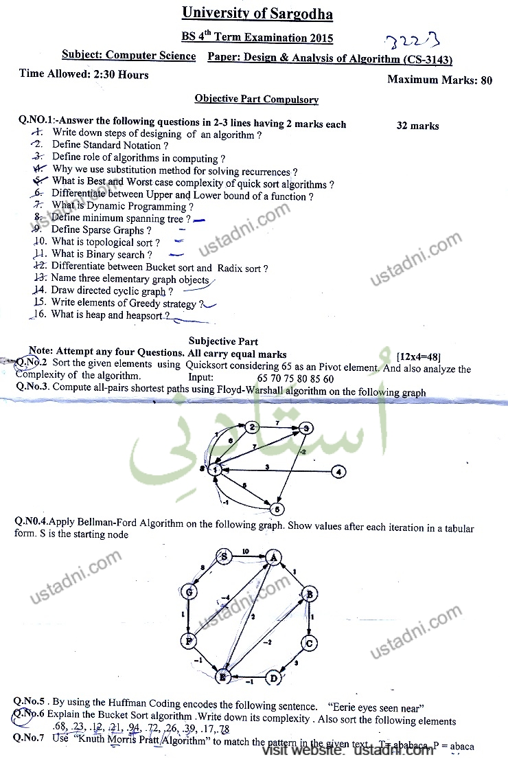 Design and Analysis of Algorithm BSCS 2015 Paper#3 UOS