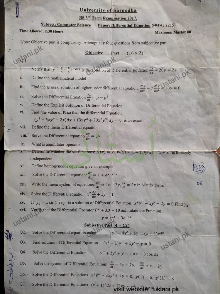 Differential Equation BS 3 Semester/Term UOS — University of Sargodha 2017
