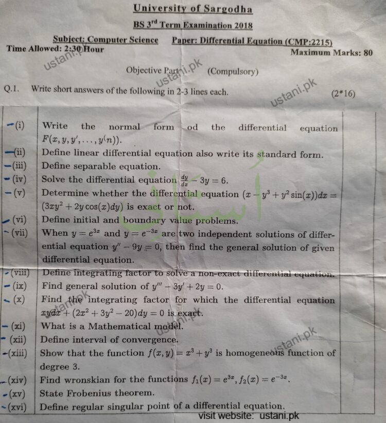 Differential Equation BS 3 Semester/Term UOS — University of Sargodha 2018
