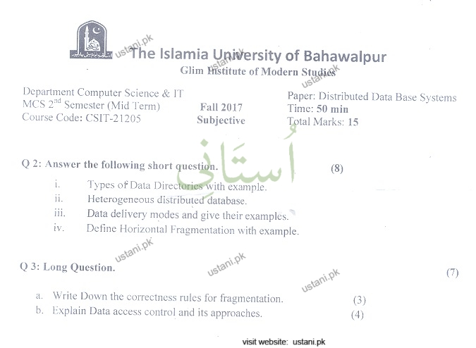 Distributed Database MSCS 2017 Mid Term IUB