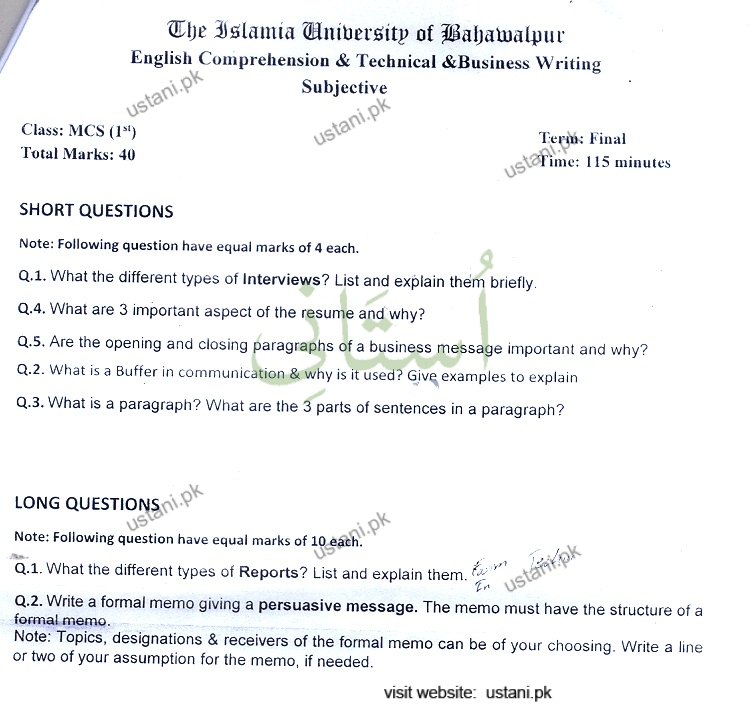 English Comprehension and Technical and Business Writing MSCS 2014 Mid Term IUB