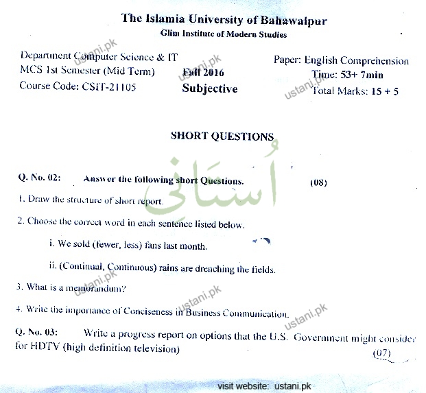 English Comprehension and Technical and Business Writing MSCS 2016 Mid Term IUB