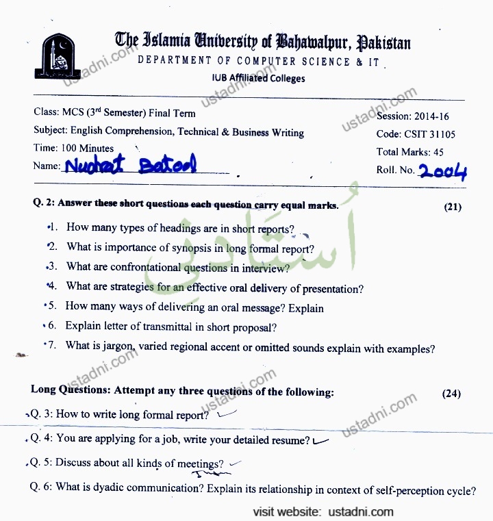 English Comprehension and Technical and Business Writing MS Computer Science/MSc Computer Science/PhD Computer Science 3 Semester/Term Islamia University Bhawalpur (IUB) 2014