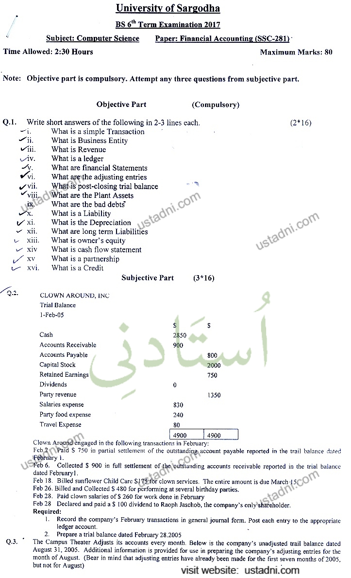 Financial Accounting BSCS 2017 Part#1 Paper#2 UOS