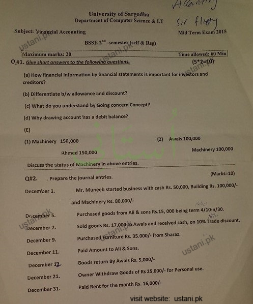 Financial Accounting BSSE 2015 Mid Term UOS