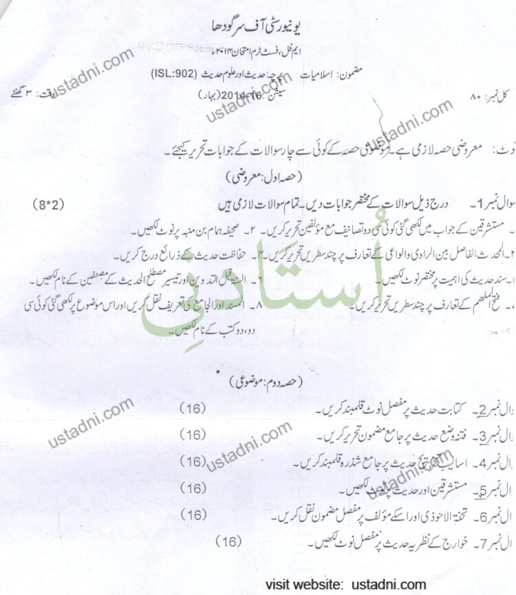 Hadees or Aloom e Hadees M.Phil Islamiyat 2014 UOS — page 1