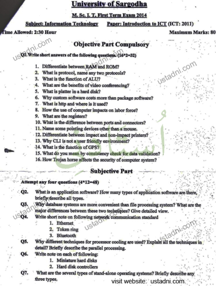 Introduction to ICT MSC IT 2014 Paper#2 UOS