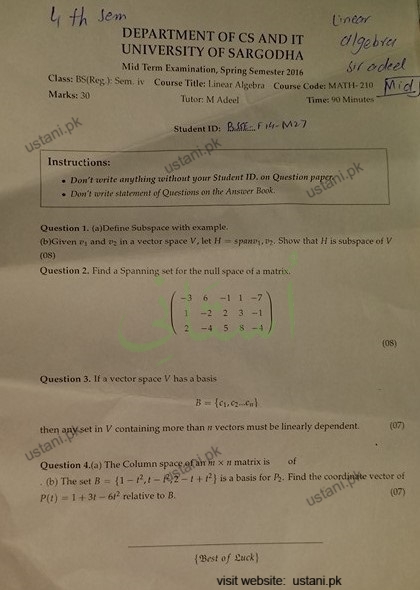 Linear Algebra BSCS 2016 Mid Term UOS