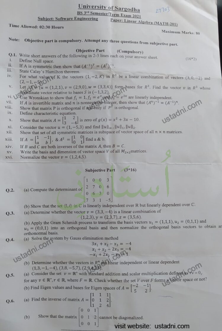 Linear Algebra (LA) BS/MS Software Engineering/PhD Software Engineering 3 Semester/Term University Of Sargodha (UOS) 2021