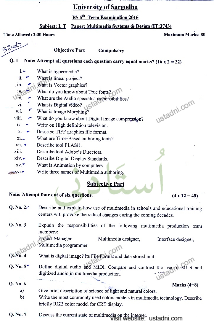 Multimedia System and Design BS IT 2016 Paper#2 UOS — page 1