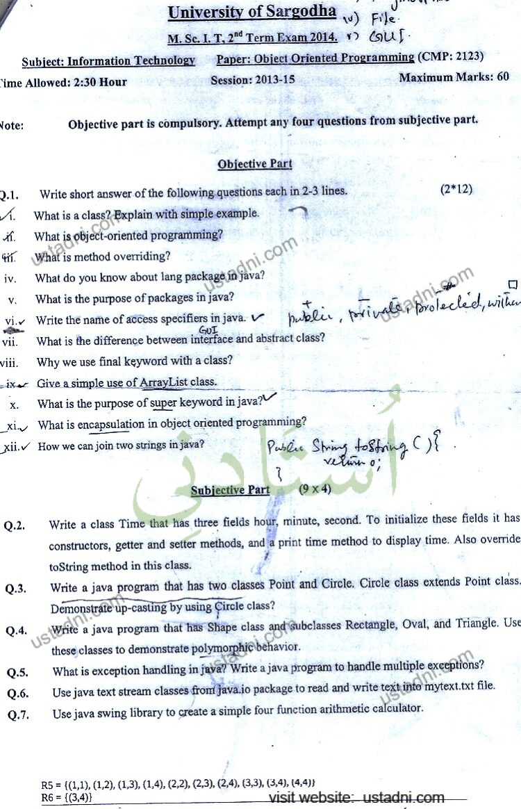 Object Oriented Programming MSC IT 2014 Paper#2 UOS