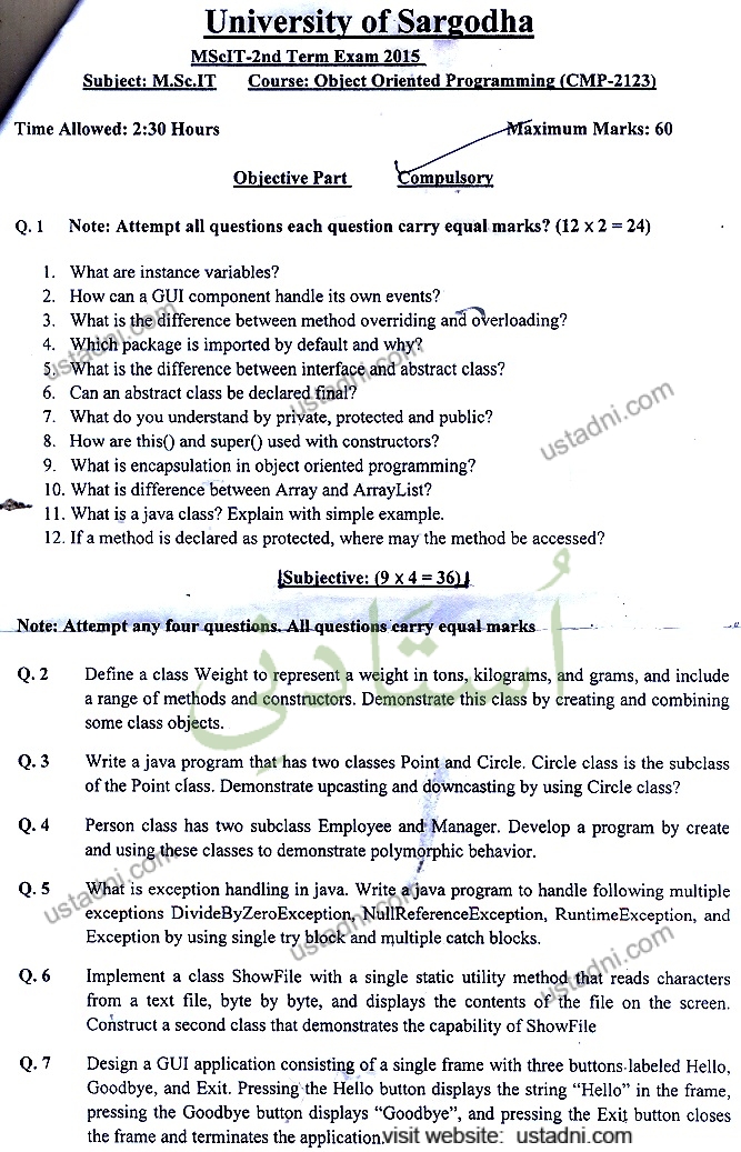 Object Oriented Programming MSC IT 2015 UOS