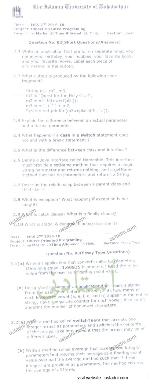 Object Oriented Programming MSCS Islamia University Bhawalpur (IUB) 2016 — page 1