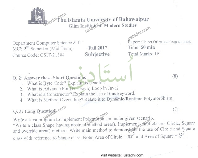 Object Oriented Software Engineering MSCS 2017 Mid Term IUB