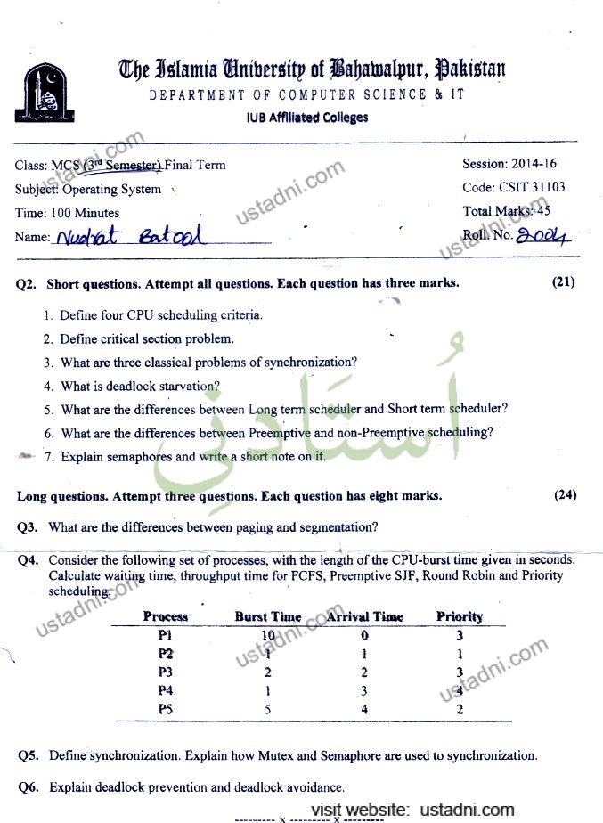 Operating System MS Computer Science/MSc Computer Science/PhD Computer Science 3 Semester/Term Islamia University Bhawalpur (IUB) 2014