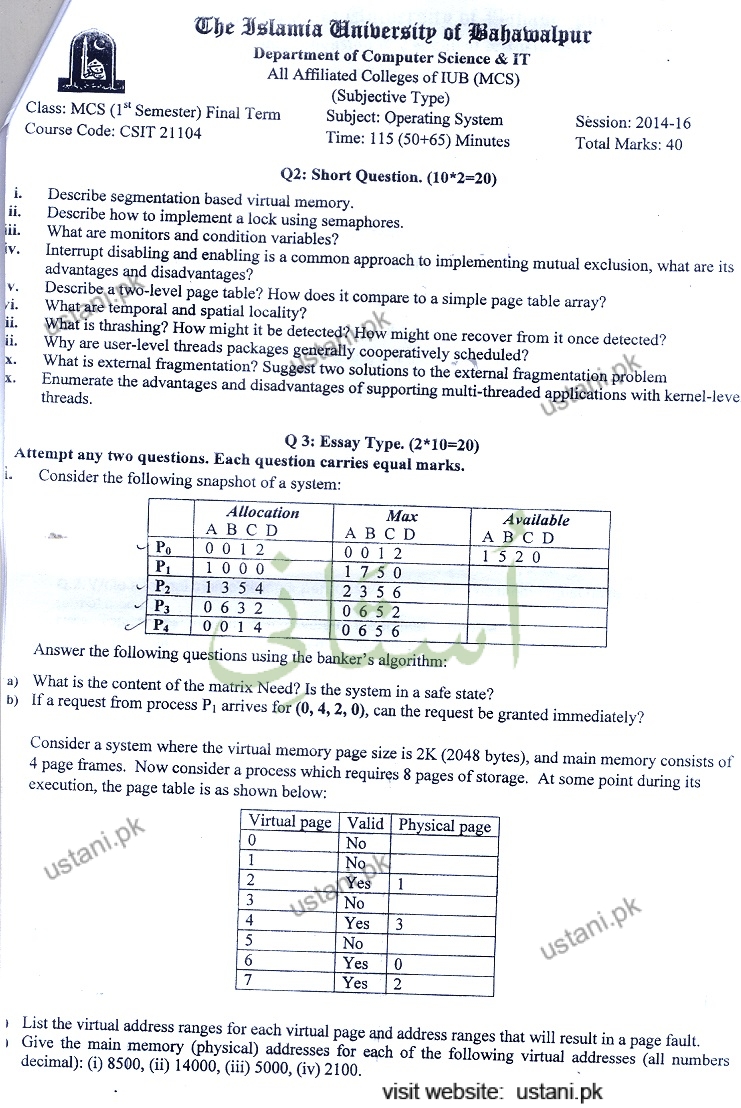 Operating System MSCS 2014 Mid Term IUB