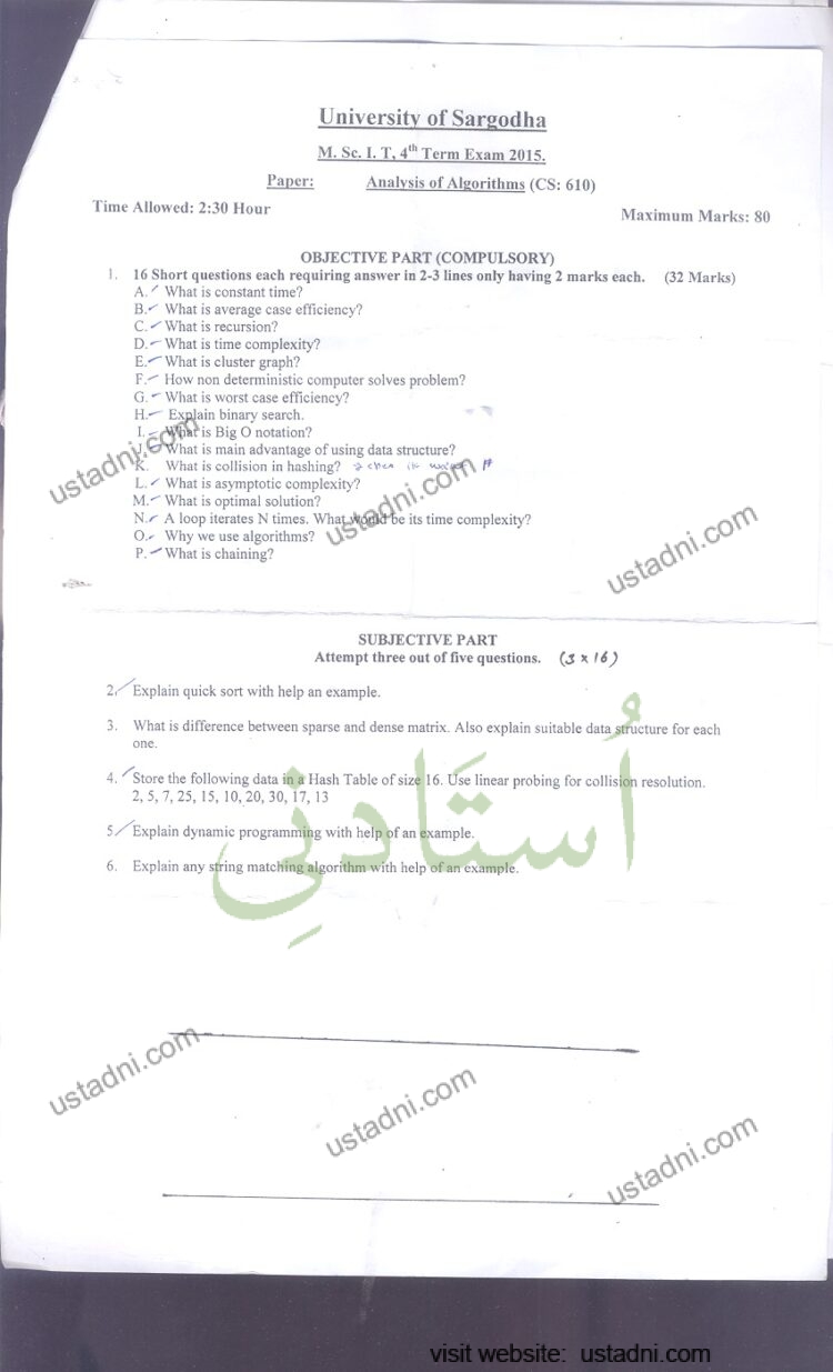 Paper: University of Sargodha M. Sc. I. T, 4" Term Exam 2015. Analysis of Algorithms (CS: 610)