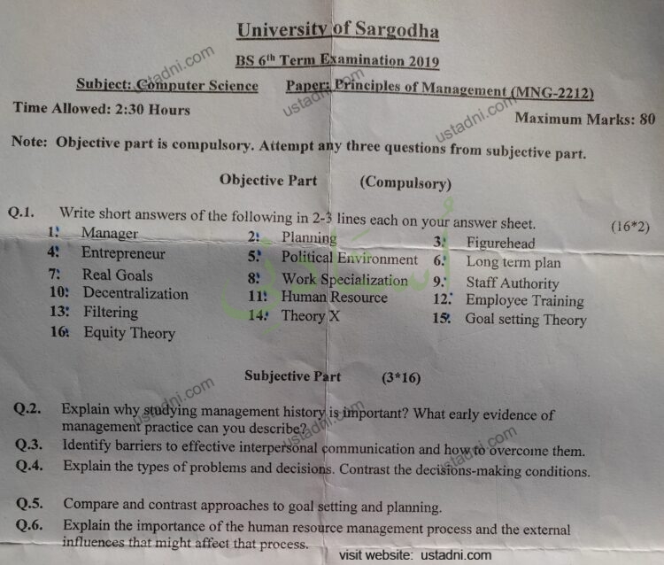 Principles of Management BSCS 2019 UOS — page 1