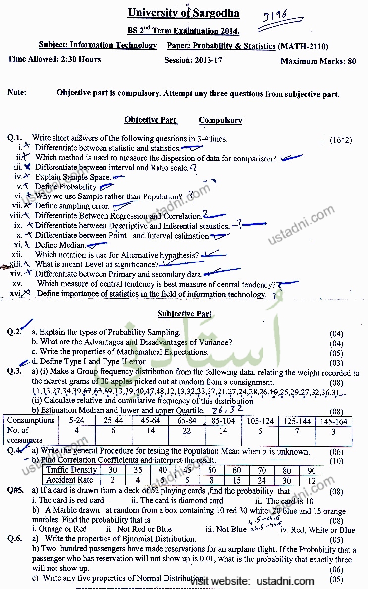 Probability and Statics BS IT 2014 UOS