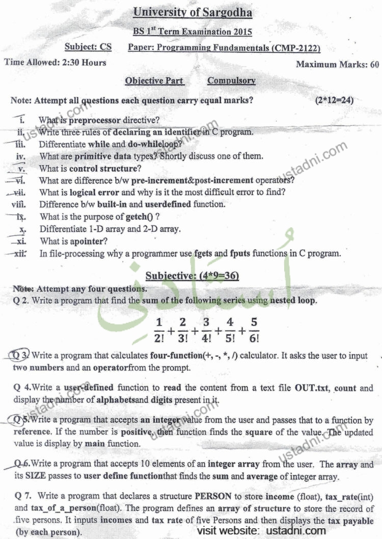 Programming Fundamentals BSCS 2015 Paper#2 UOS