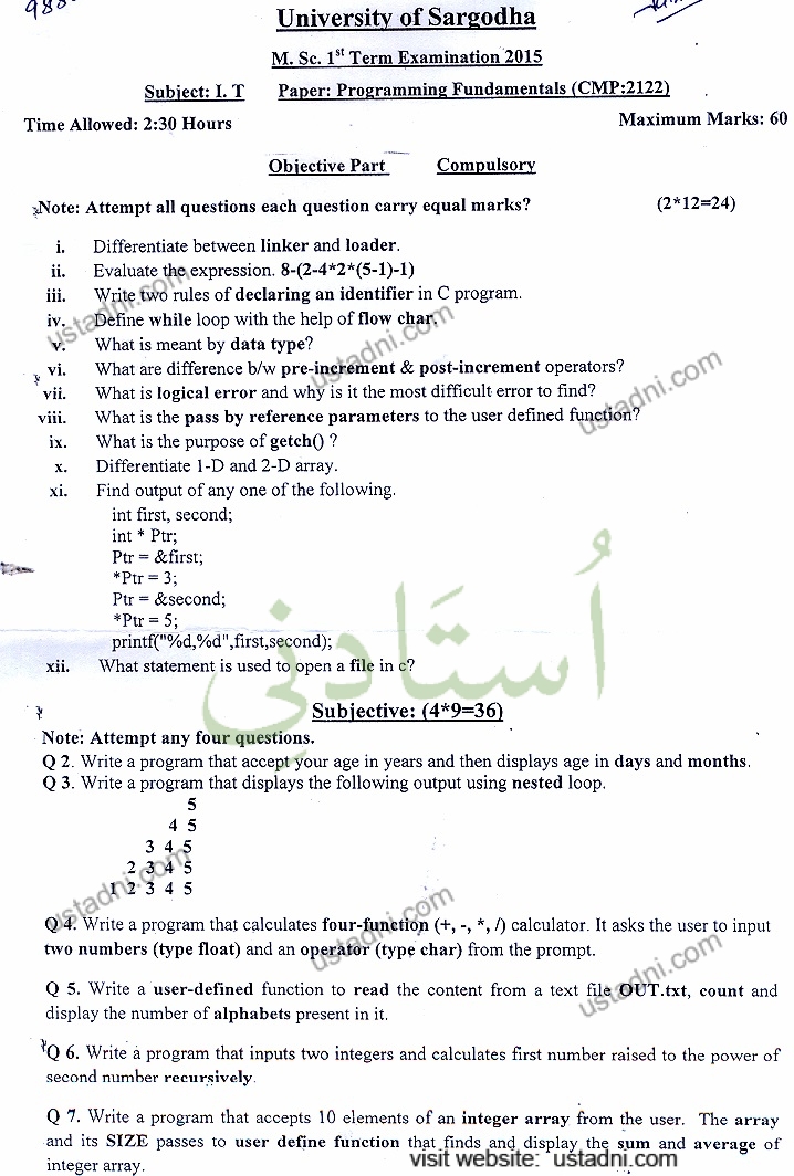 Programming Fundamentals MSC IT 2015 UOS