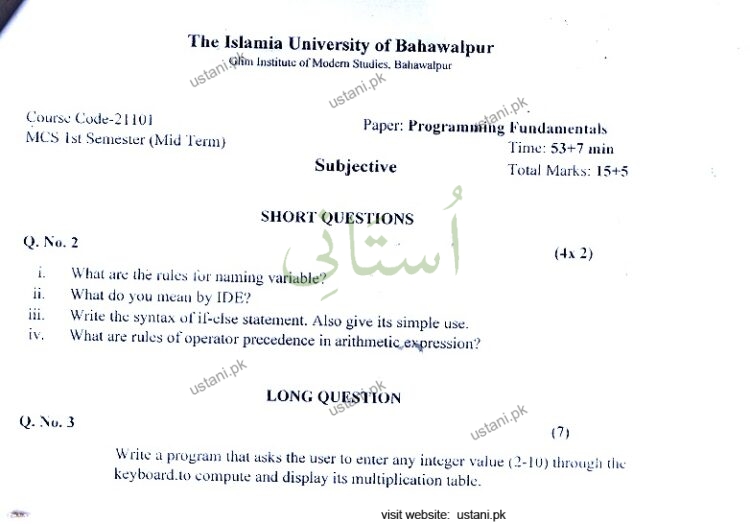 Programming Fundamentals MSCS 2016 Mid Term IUB