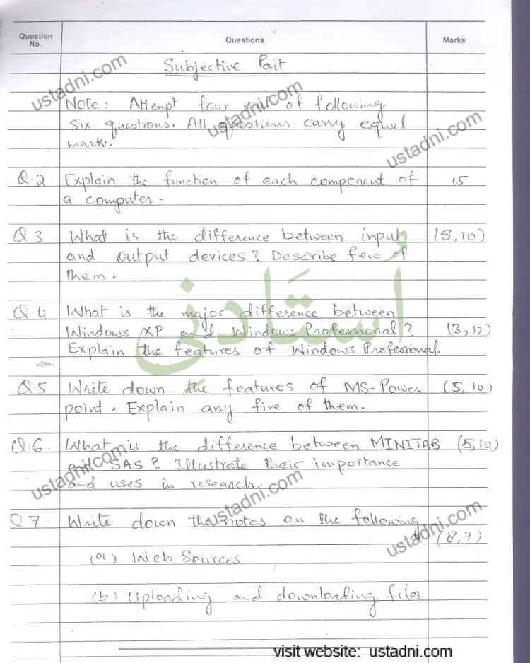 Question No. Questions ustadntsor Subjective Pait Marks Note: AHempt four pilot fellowing