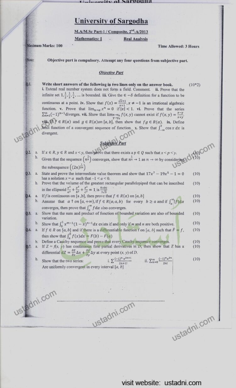 Real Analysis MSC Maths 2013 UOS