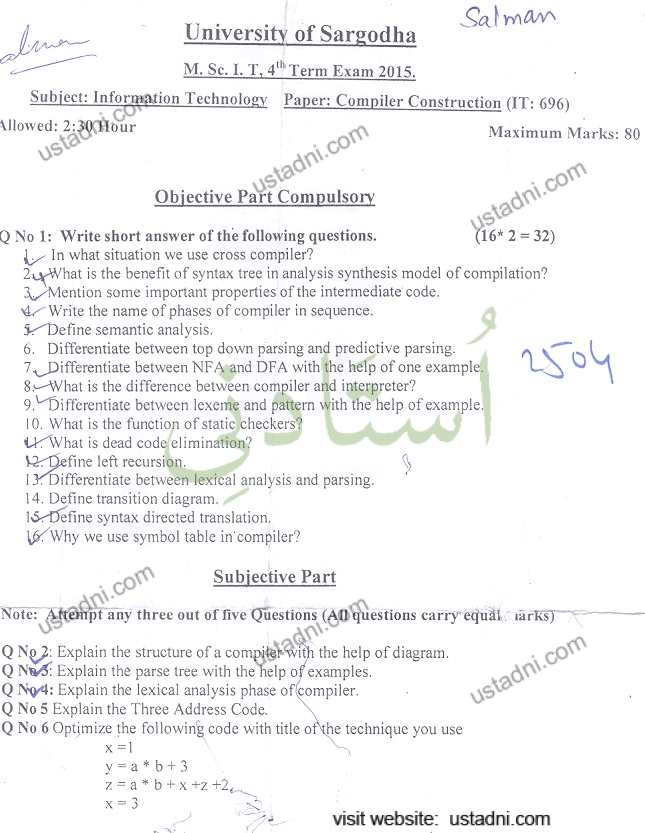 Salman University of Sargodha M. Sc. I. T, 4"' Term Exam 2015. Subject: Information Technology Paper: Compiler Construction (IT: 696) Allowed: 2:30 Hour ustadni.com