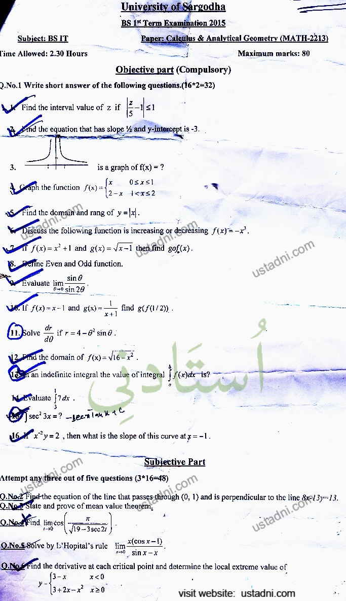 Subject: BSIT lime Allowed: 2.30 Hours University of Sargodha BS 1% Term Examination 2015
