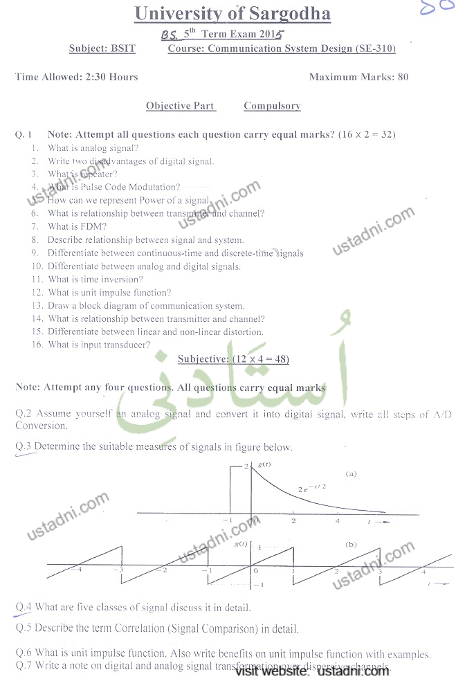Subject: BSIT Time Allowed: 2:30 Hours University of Sargodha BS. 5"" Term Exam 2015 Course: Communication Svstem Design (SE-310) Maximum Marks: 80 — page 1