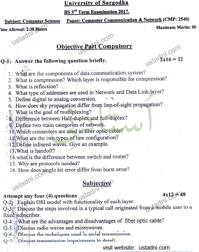 Subject: Computer Science ime Allowed: 2:30 Hours University of Sargodha BS 3d Term Examination 2017. — page 1