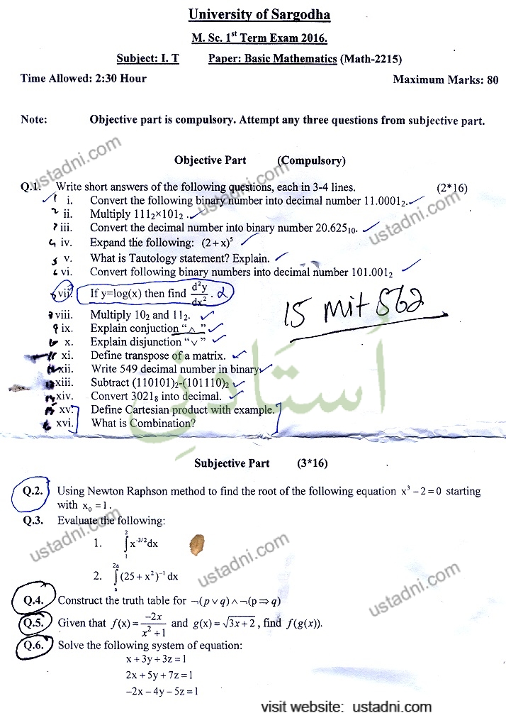 Subject: I. T University of Sargodha M. Sc. 1" Term Exam 2016. Paper: Basic Mathematics (Math-2215)