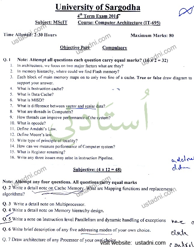 Subject: MScIT University of Sargodha 4* Term Exam 2015 Course: Computer Architecture (IT-695) Time Allowed: 2:30 Hours Maximum Marks: 80