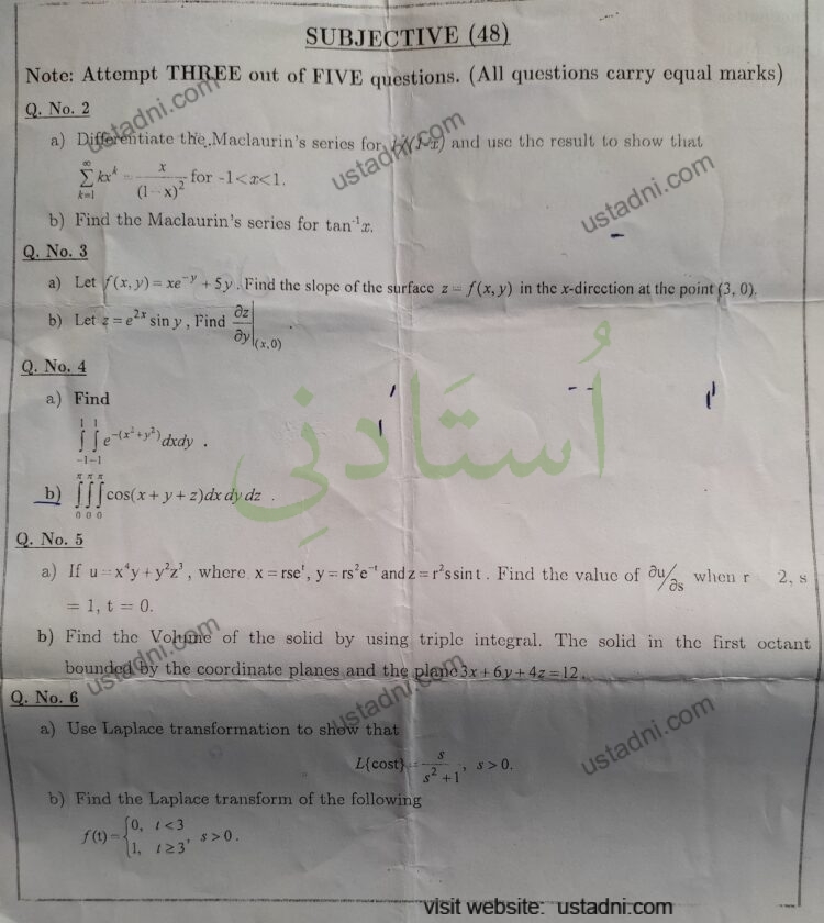 SUBJECTIVE (48) Notes AtaP TIRE out of FIVE questime (Al guestion curry oul marke) a) Dyin at the Mechani ente fact and we the rest to done late (x) for - 1<2<1. b) Find the Maclaurin's series for tan x. ustadni.com