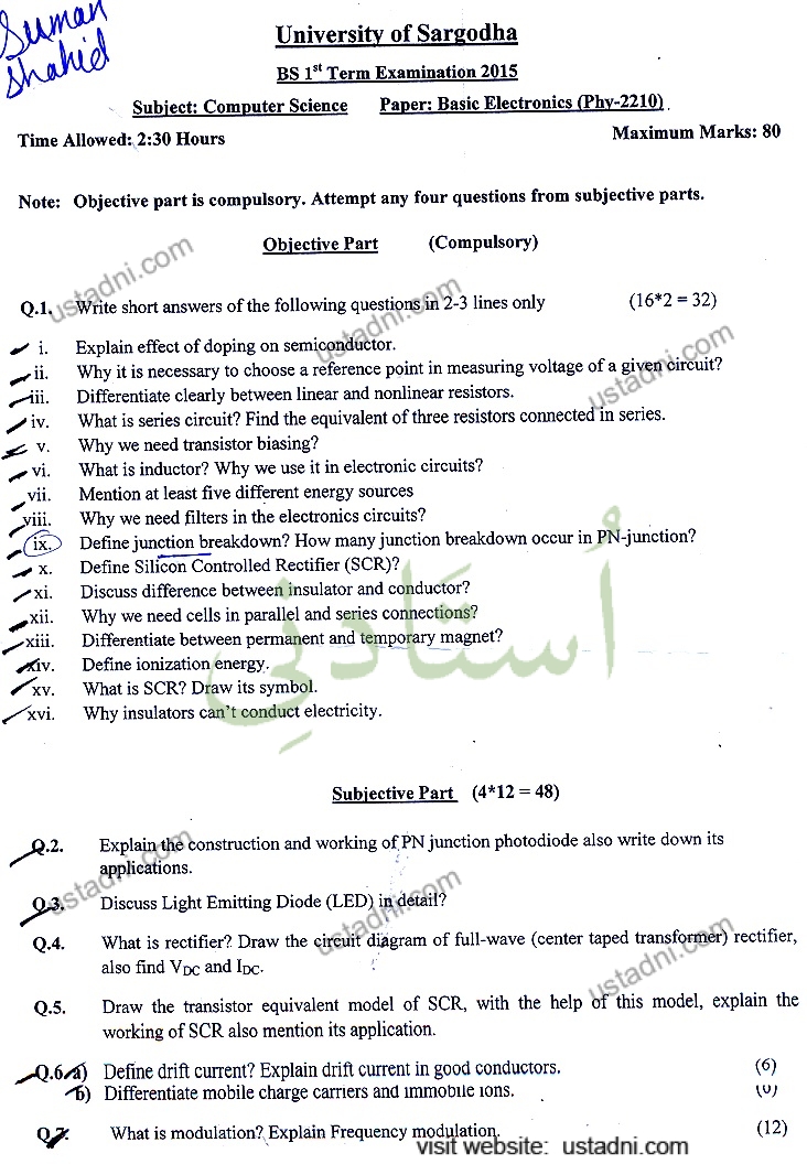 Suman shakid University of Sargodha BS 15 Term Examination 2015 Subject: Computer Science Paper: Basic Electronics (Phy-2210) — page 1