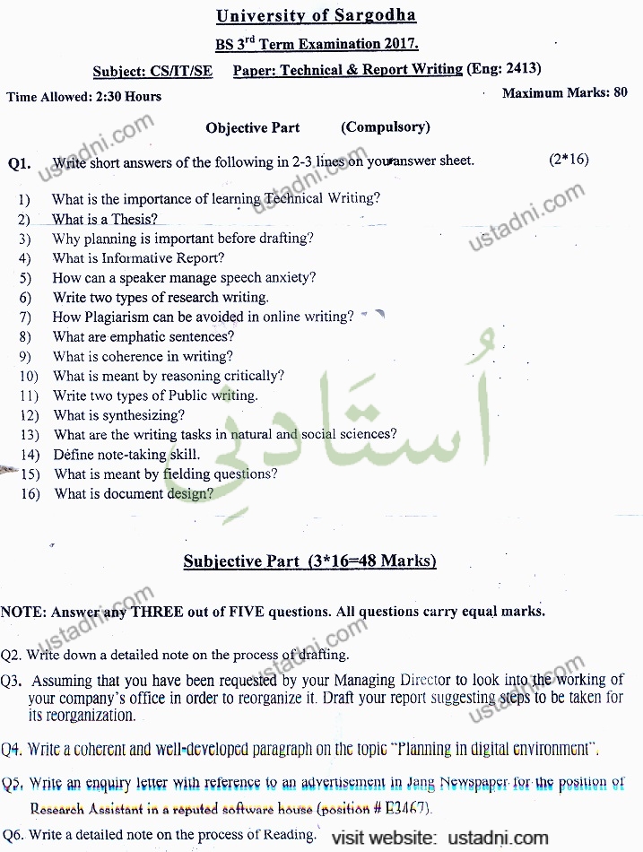 Technical Report Writing BSCS/IT/SE 2017 UOS