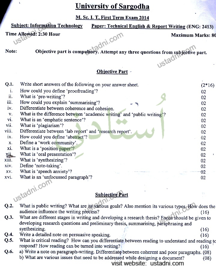 Technical Report Writing MSC IT 2014 Paper#2 UOS